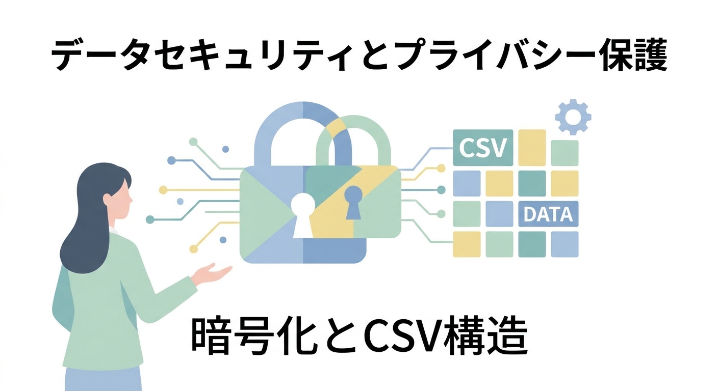 Graphic representation of data security, encryption locks, and CSV column structure settings for privacy protection