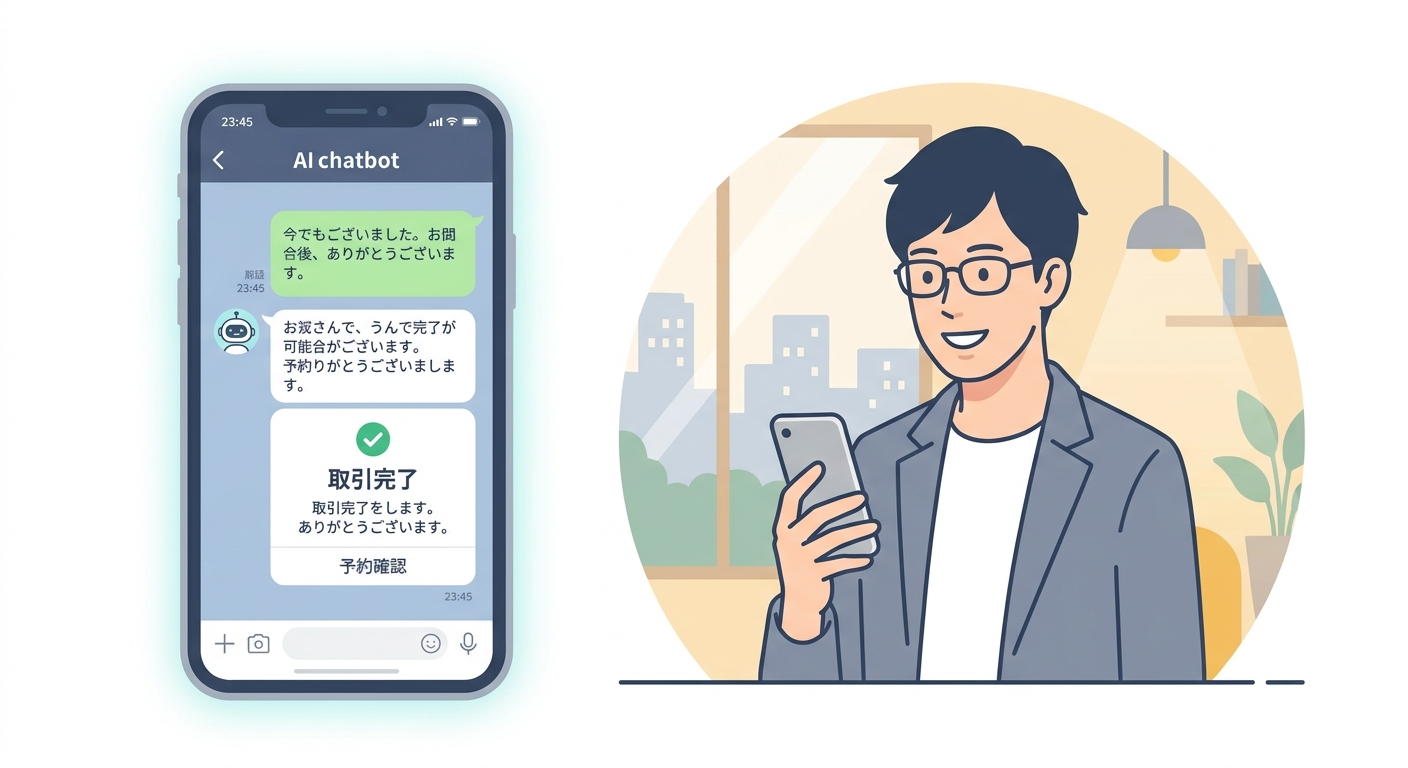 A sleek smartphone user interface displaying an AI chatbot completing a transaction and reservation seamlessly during of