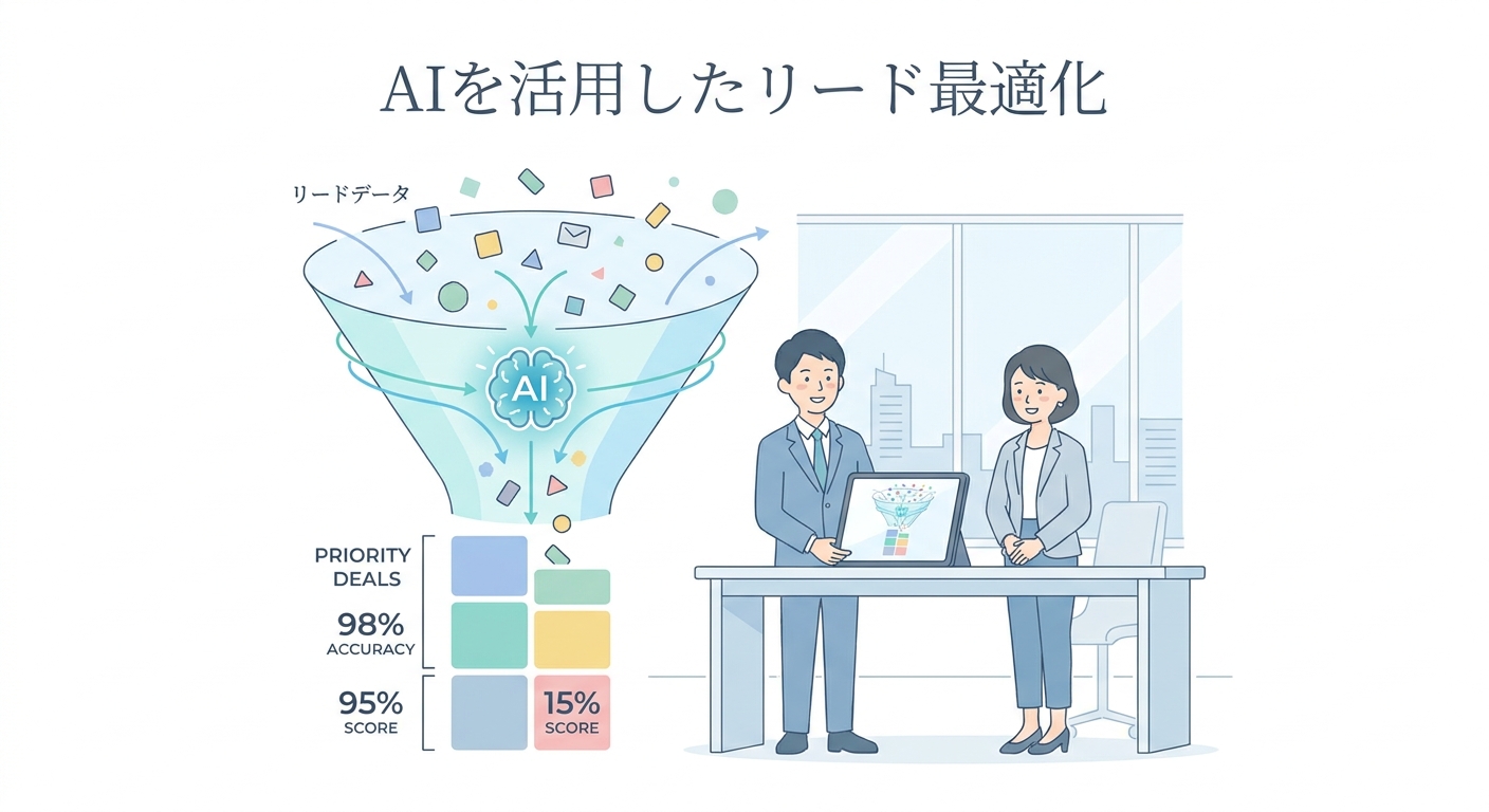 An abstract digital funnel concept showing scattered lead data being filtered by AI into prioritized high-value deals wi