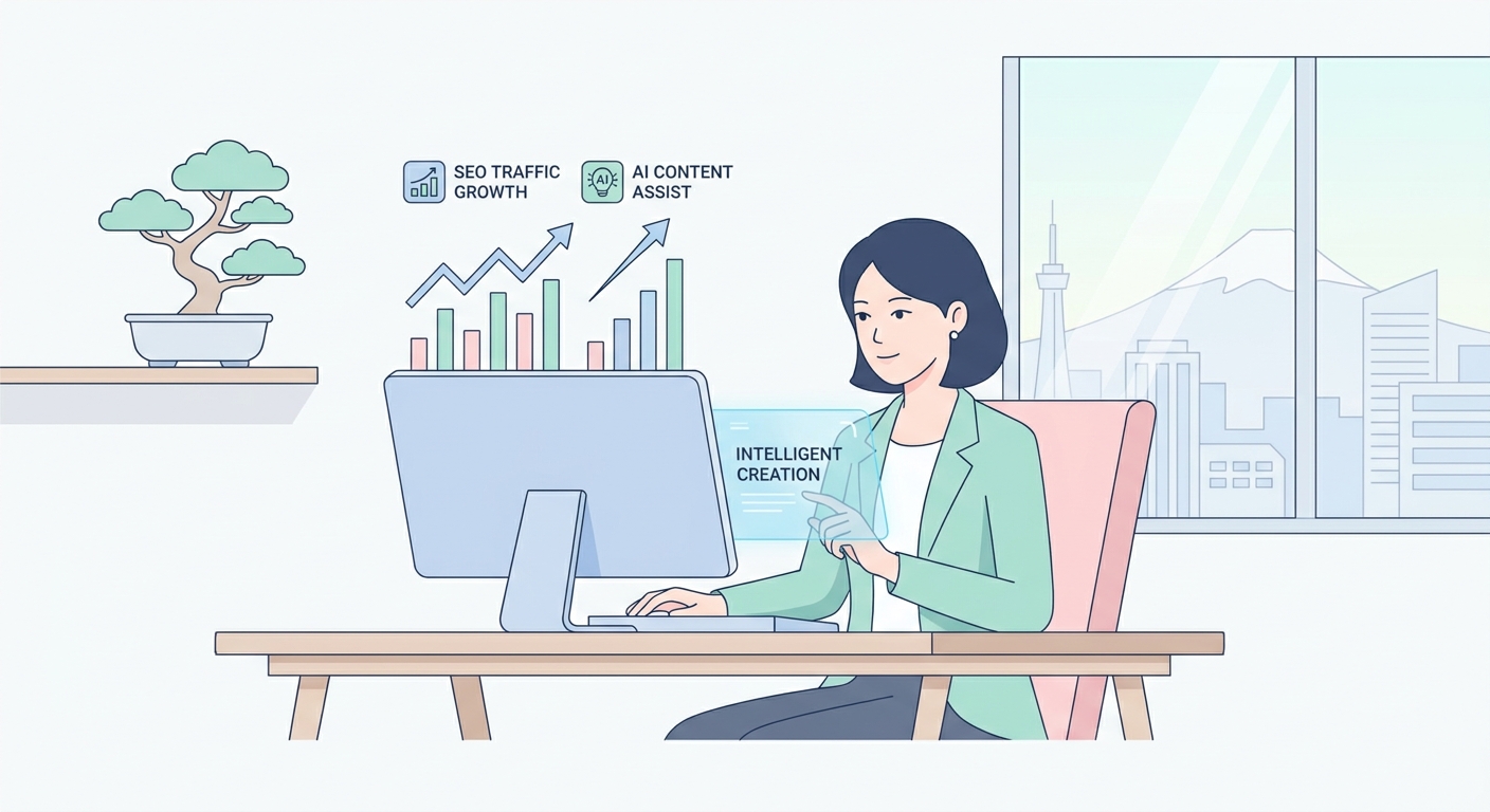 A professional modern office setting where a digital marketer is analyzing SEO traffic growth charts on a screen, with a