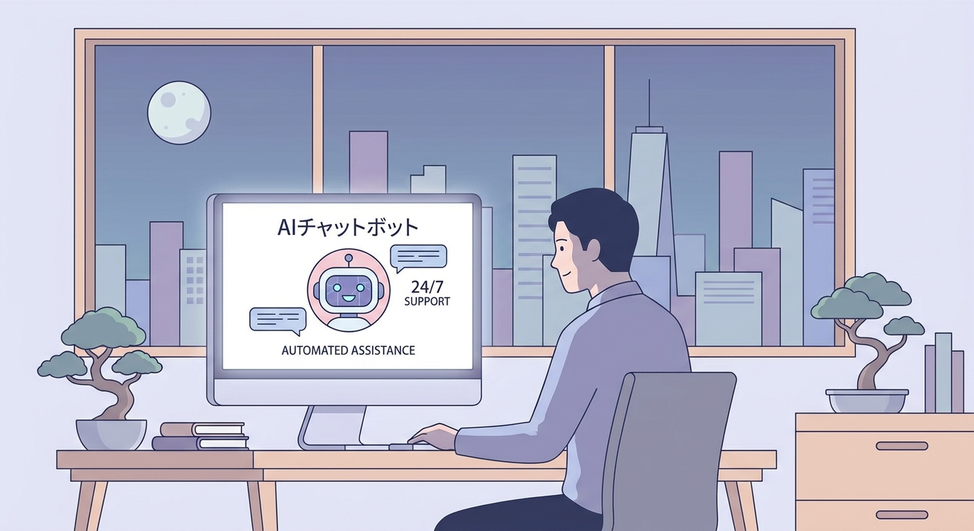 A professional business office at night, with a glowing AI chatbot interface on a computer screen, representing 24/7 aut