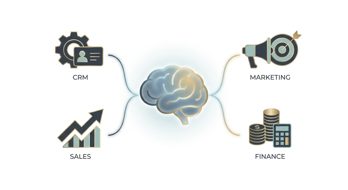 A sophisticated AI chatbot interface integrated with various business process icons like CRM, sales, marketing, and fina