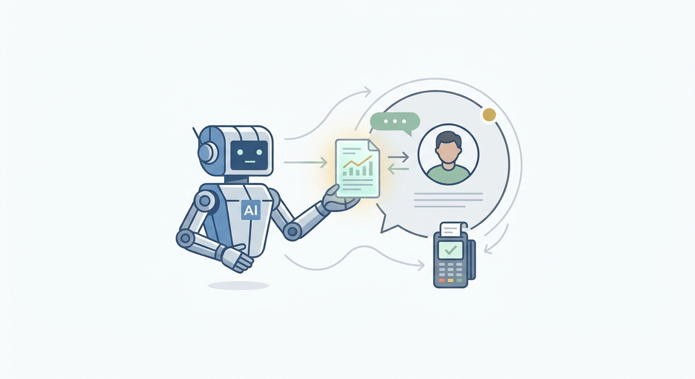 A visual representation of a fully automated business process. An AI robot hands a dynamically generated invoice to a cu