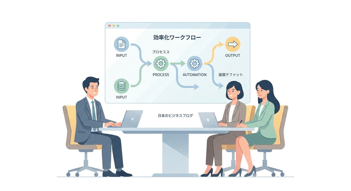 A professional business meeting in a modern office with a digital screen showing a workflow automation diagram, represen
