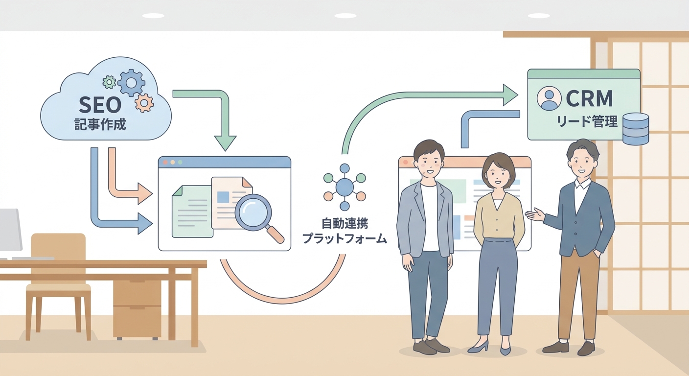 A streamlined automated business software platform showing seamless integration between SEO article generation and CRM l