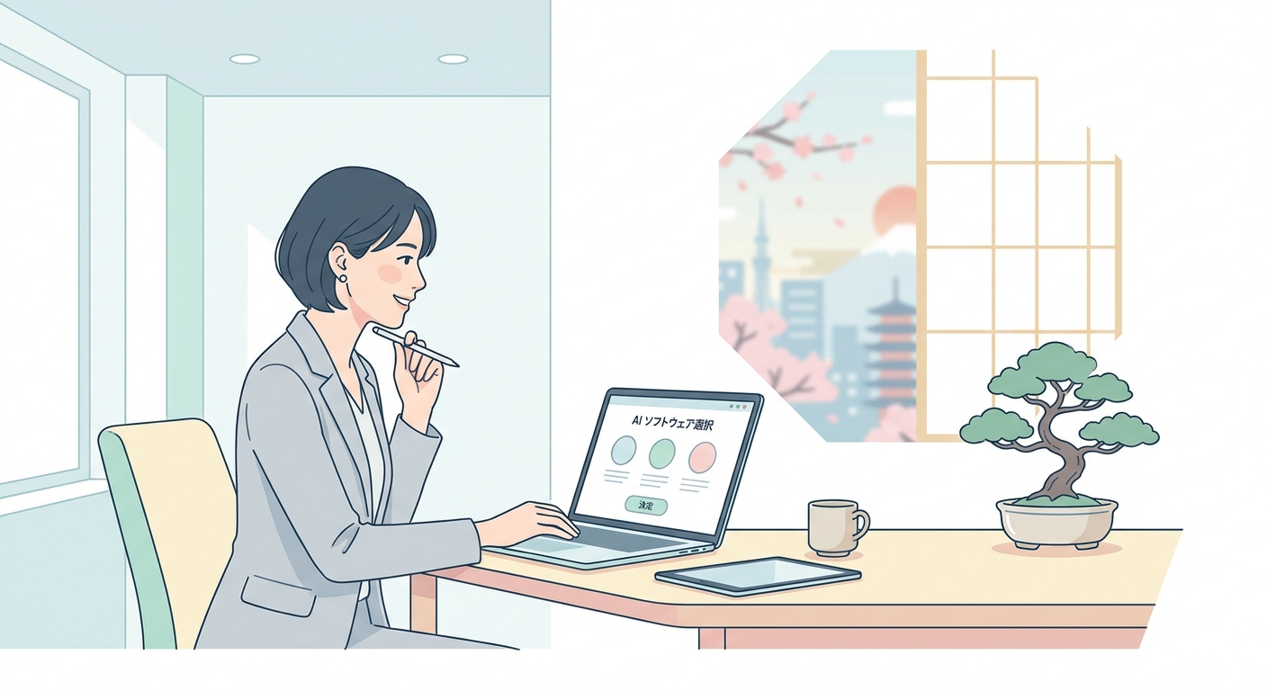 Professional business decision maker evaluating AI software choices on a laptop screen in a bright minimalist office