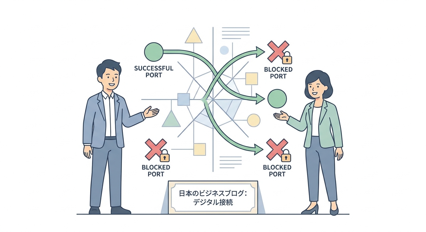 An abstract digital network diagram showing port connections, with green arrows for successful connections and red icons