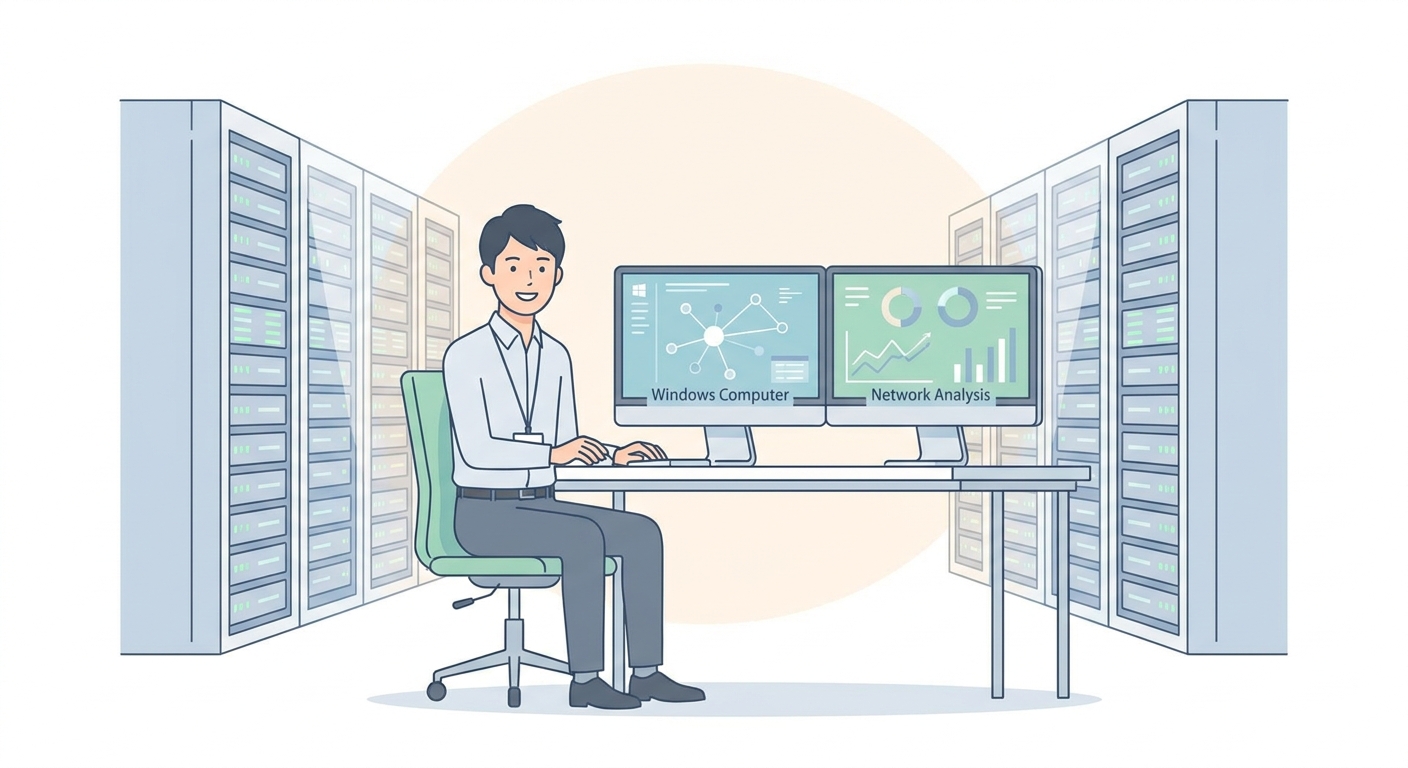 A professional network engineer working on a Windows computer in a modern server room, analyzing network connection data