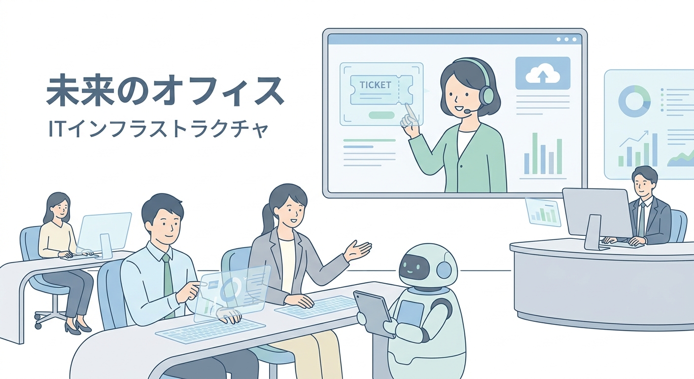 Futuristic concept of enterprise IT infrastructure monitoring with automated AI support assistants handling ticket inqui