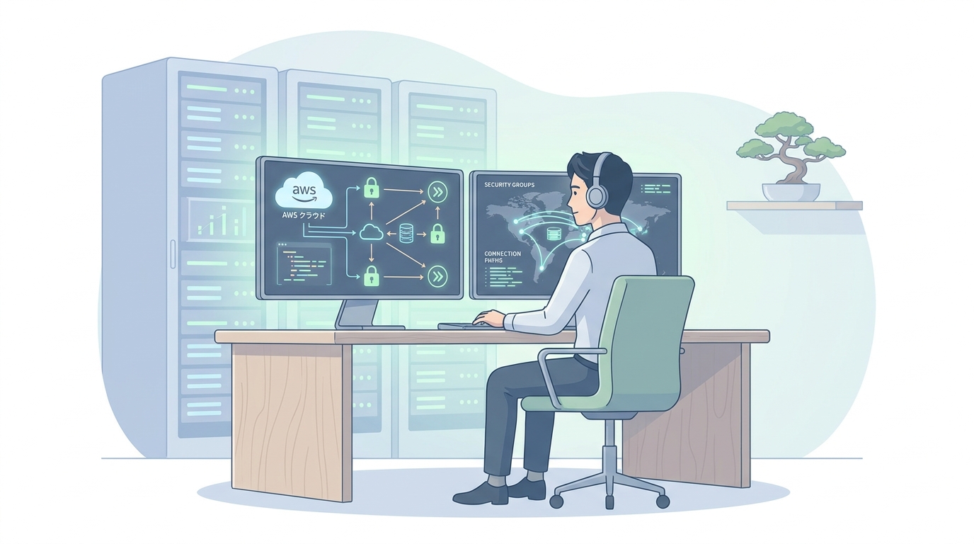 A professional network engineer analyzing AWS cloud infrastructure topology on a modern dual-monitor setup in a sleek se