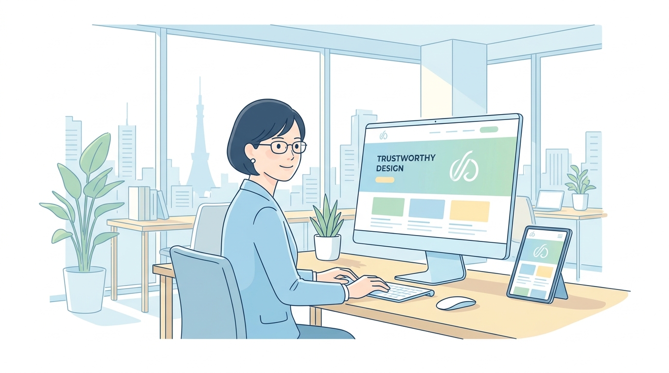 A professional web designer working in a modern office in Tokyo, showing a clean, responsive website design on a screen,