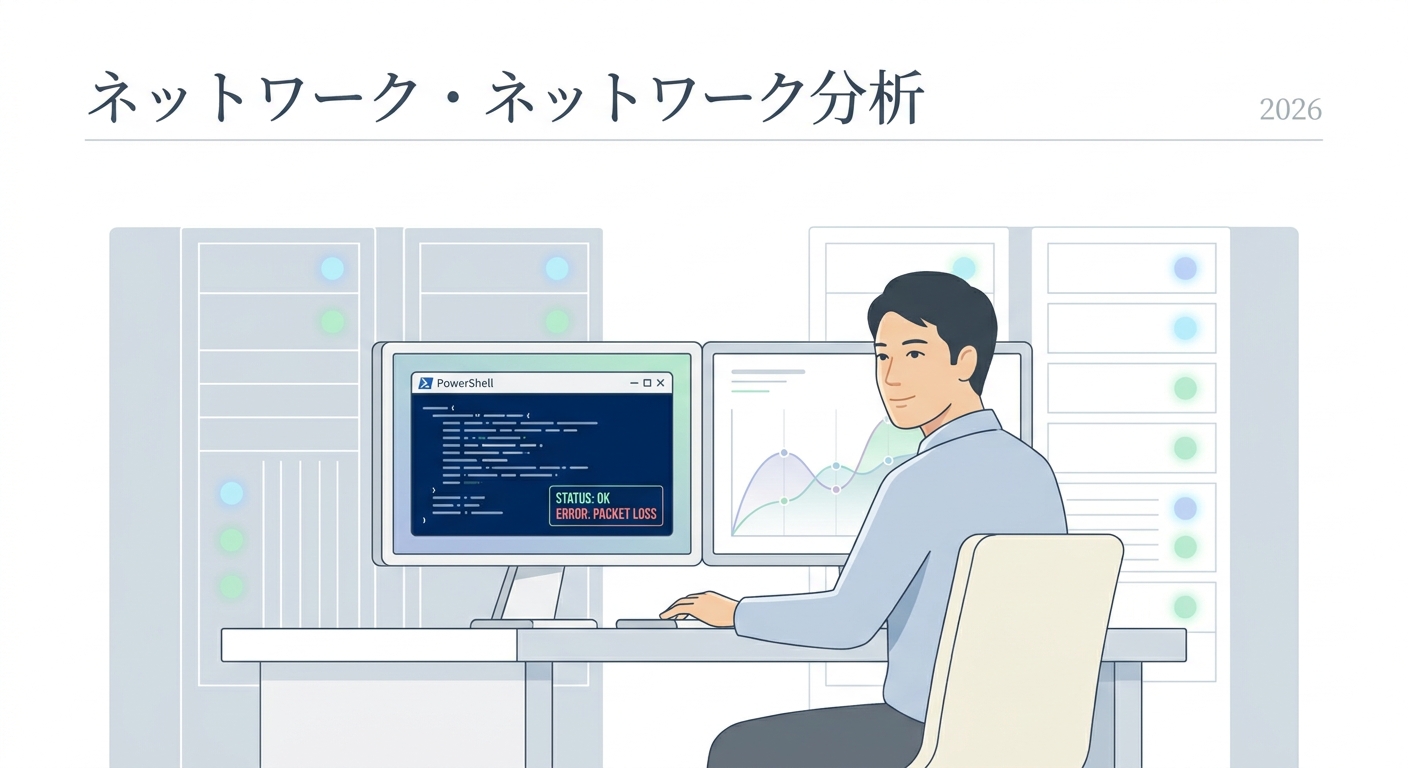 A professional IT engineer analyzing network connectivity metrics on a dual-monitor setup running PowerShell terminal wi