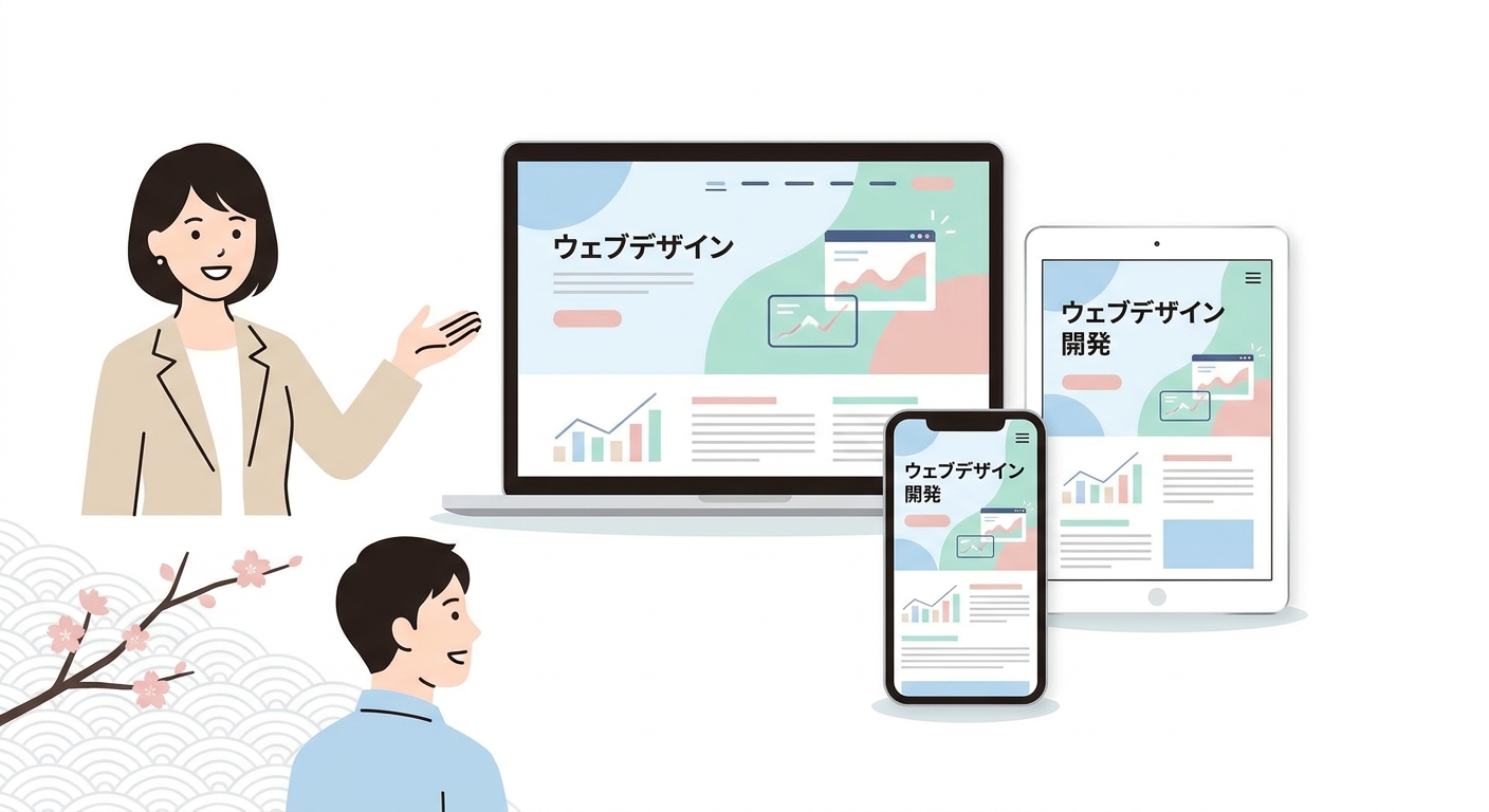 A dynamic and modern website layout displayed on various screens including a smartphone, laptop, and tablet, representin