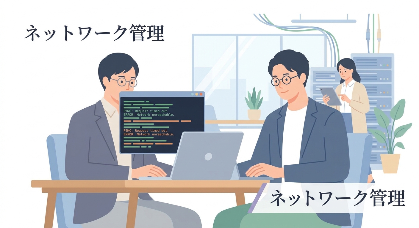 A professional system administrator looking at a laptop screen displaying a command prompt with network ping timeout err