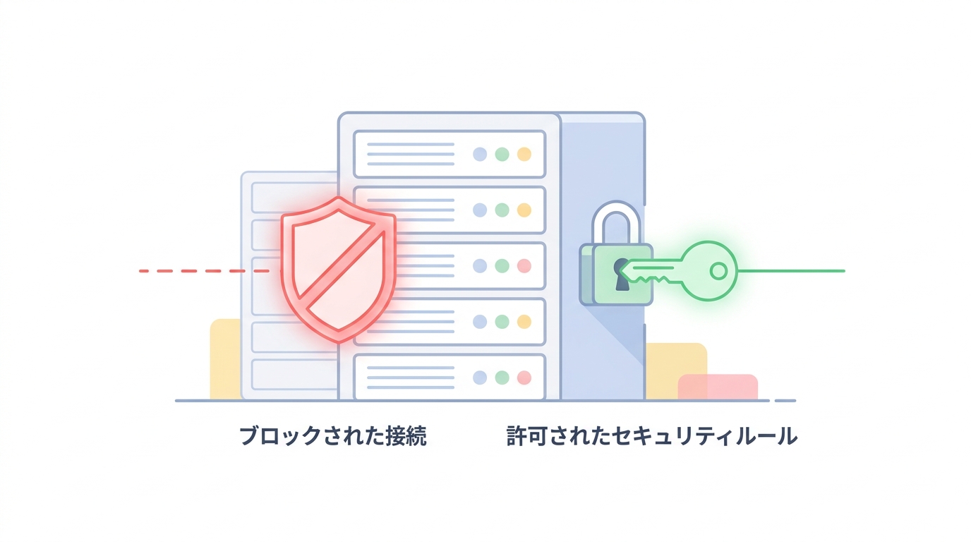 A detailed diagram or concept art showing a server rack with a glowing red shield representing a blocked network connect