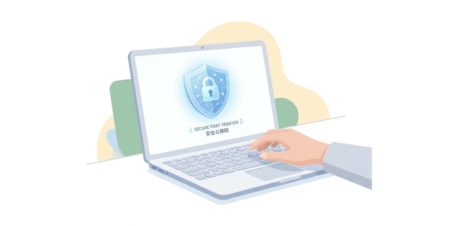 A close-up of a laptop keyboard with a glowing blue network security icon on the screen, representing secure and verifie
