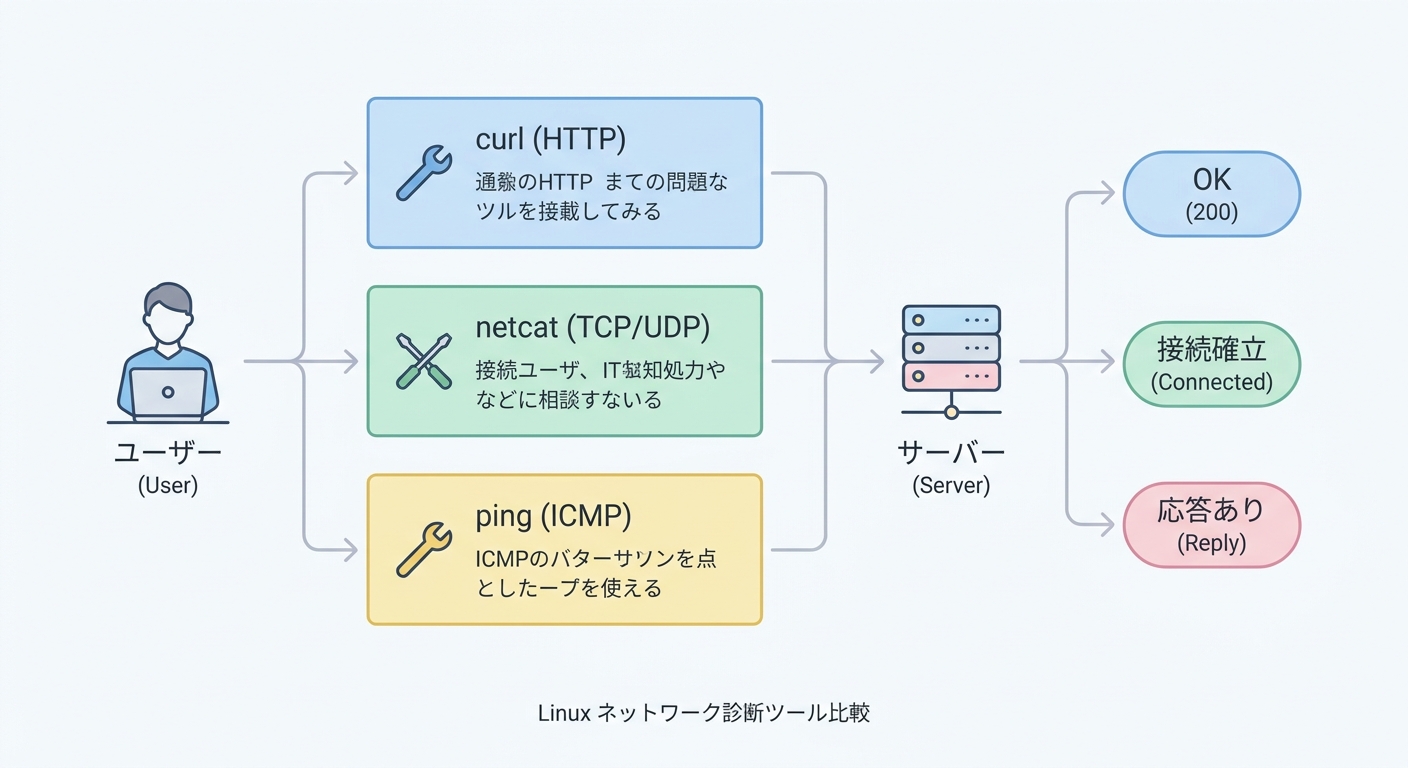 A technical workflow diagram comparing Linux network troubleshooting tools including curl, netcat, and ping with server