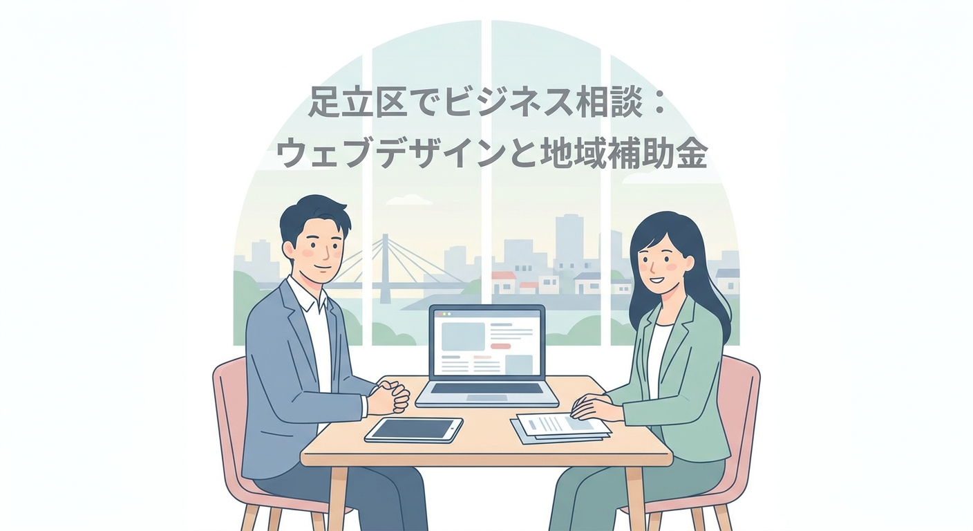 A business meeting in Adachi, Tokyo, where a Japanese small business owner is consulting with a professional about web d