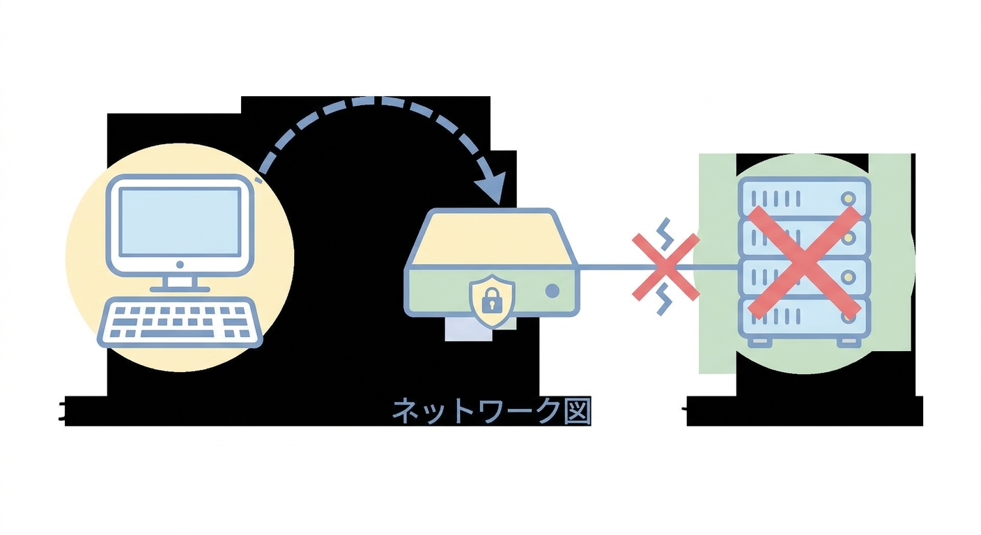 A conceptual diagram of a local network showing a computer, router, firewall icon, and a server with a red cross indicat