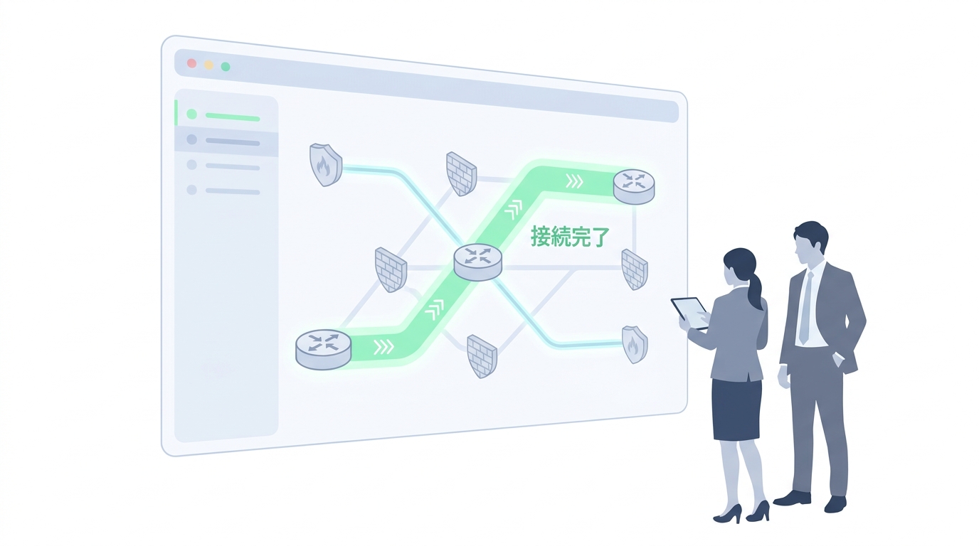 A sleek, futuristic dashboard displaying network diagnostics, with 3D paths showing data flow through virtual routers an