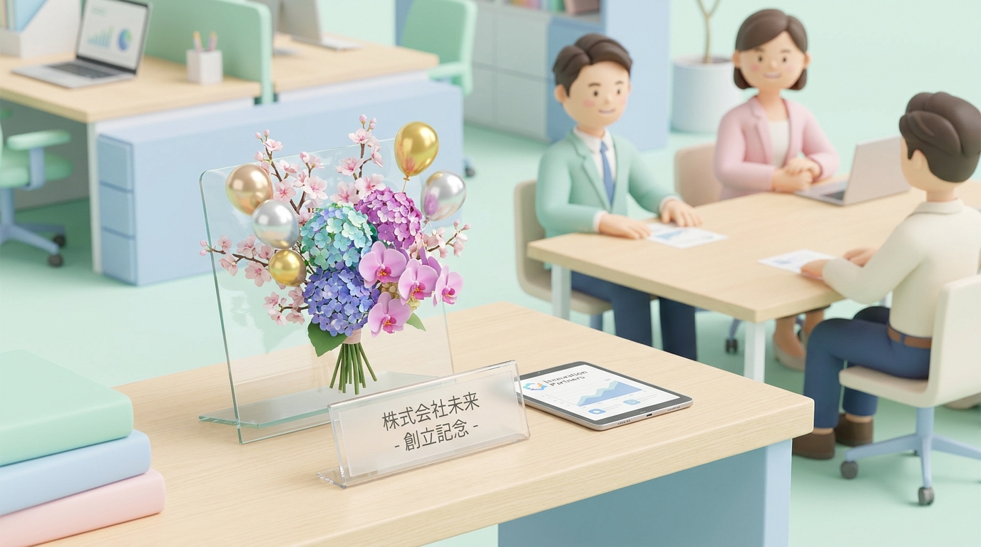 A close-up of a tabletop flower stand showing detailed decorations, including shiny metallic balloons, a neatly printed