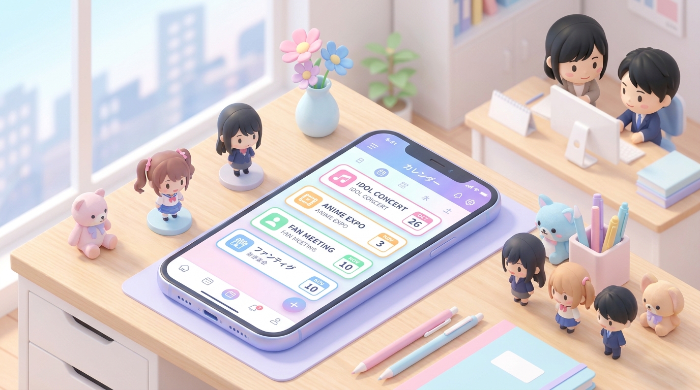 A colorful and organized digital calendar on a smartphone screen showing various idol and anime event schedules, surroun