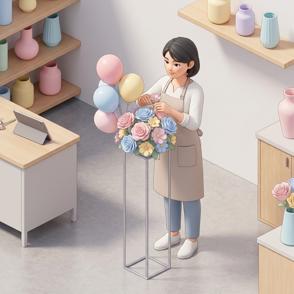 A florist carefully arranging vibrant flowers and balloons on a tall metal stand in a workshop, close-up shot, professio