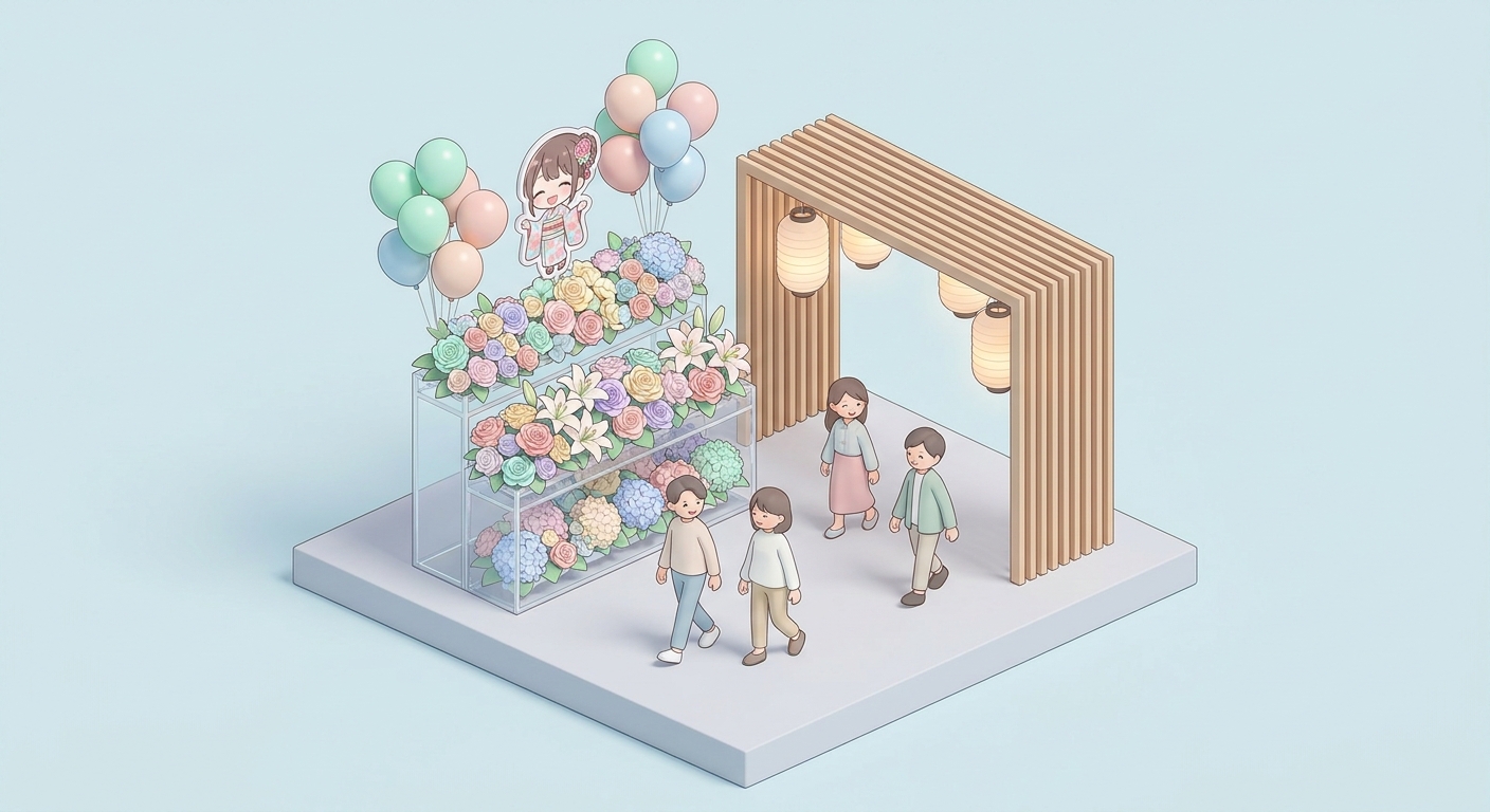 A beautiful and colorful flower stand (flasta) with balloons and a character panel, standing at a concert venue entrance