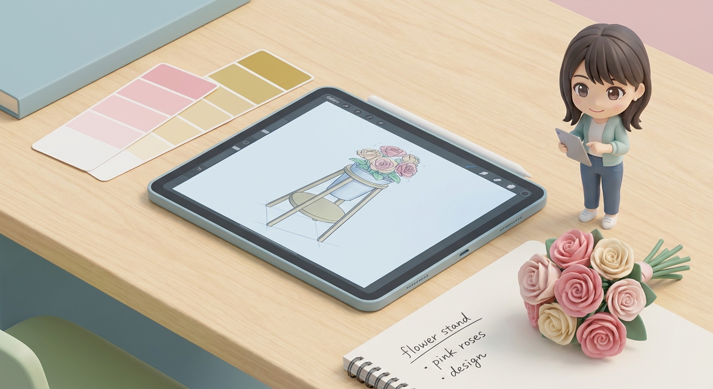 A flat-lay photo of tools for planning a flower stand: a tablet showing a 3D sketch of a flasta, color swatches of pink
