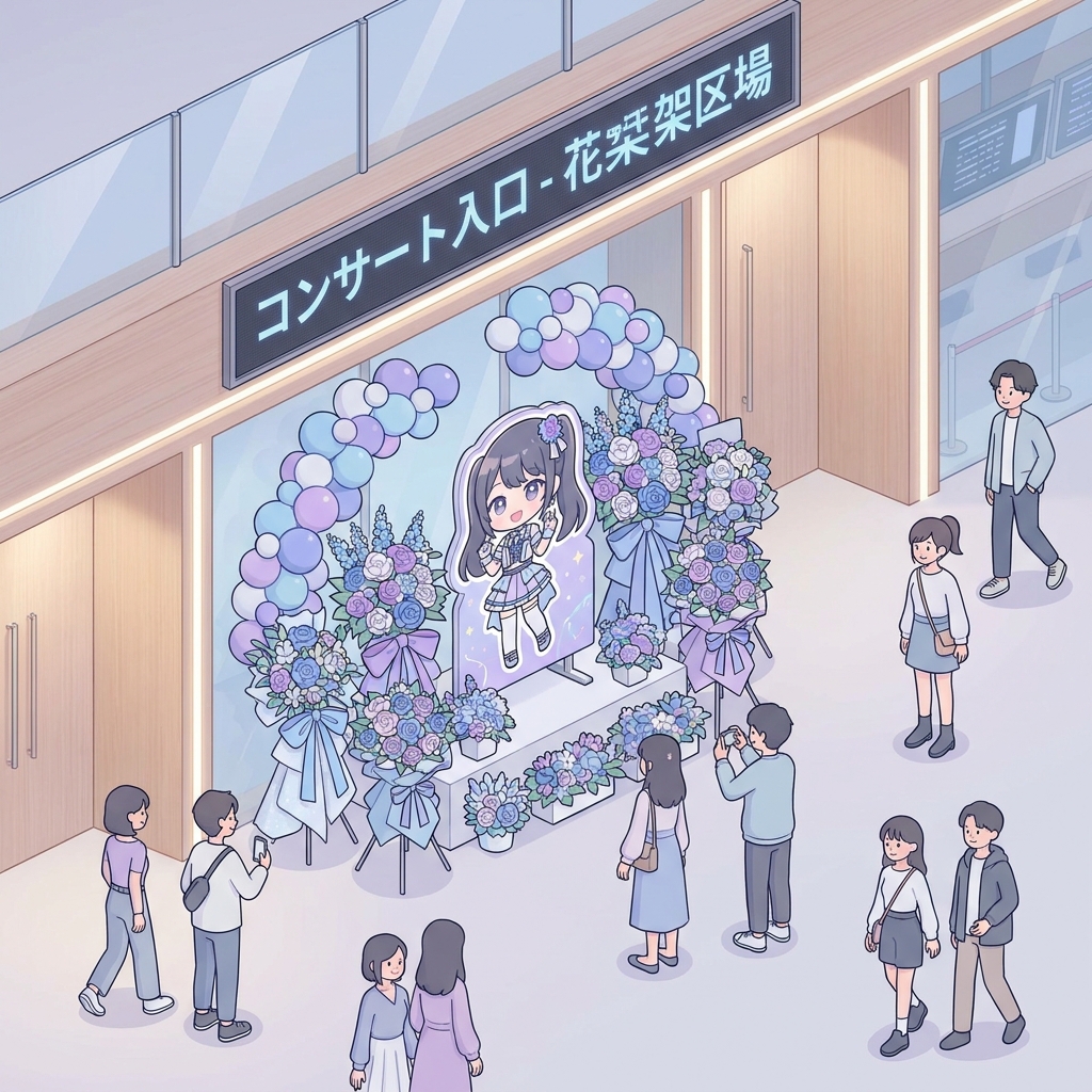 A gorgeous and colorful flower stand (flasta) dedicated to a Japanese idol, decorated with blue and purple balloons, rib