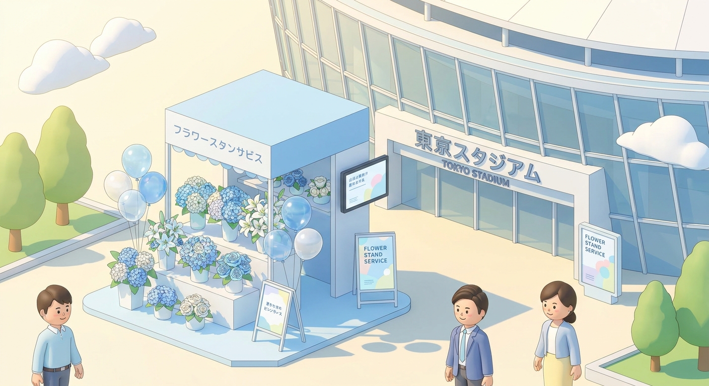 A magnificent flower stand (flasta) with blue and white flowers and balloons, set against the backdrop of a massive stad