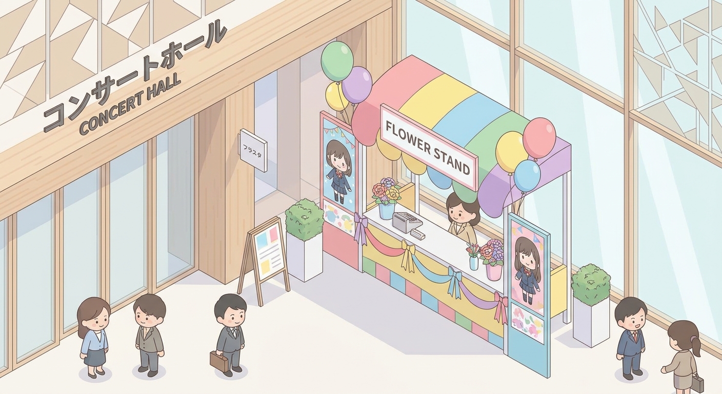 A vibrant, colorful flower stand (flasta) adorned with balloons, character panels, and ribbons, displayed in a modern co