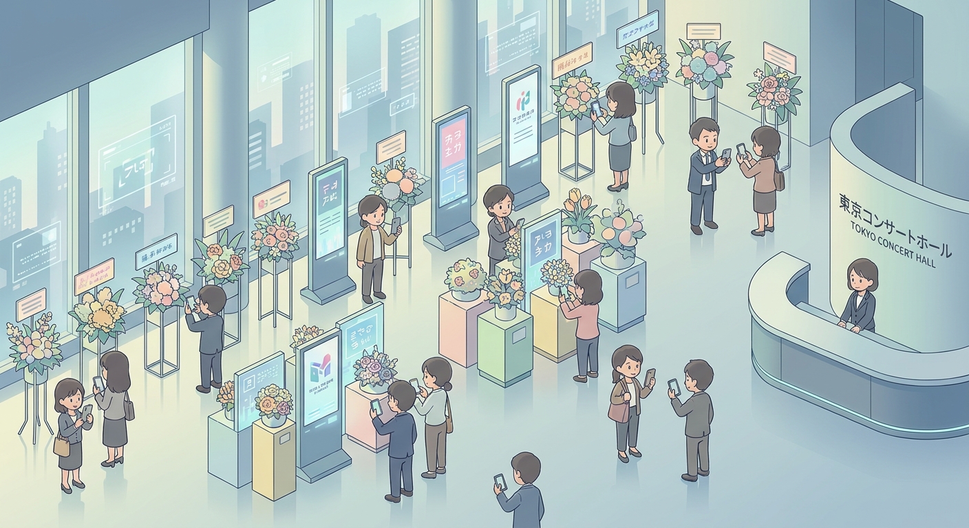 A wide shot of a major concert hall lobby in Tokyo, filled with beautiful, creative flower stands (flasta) of various co