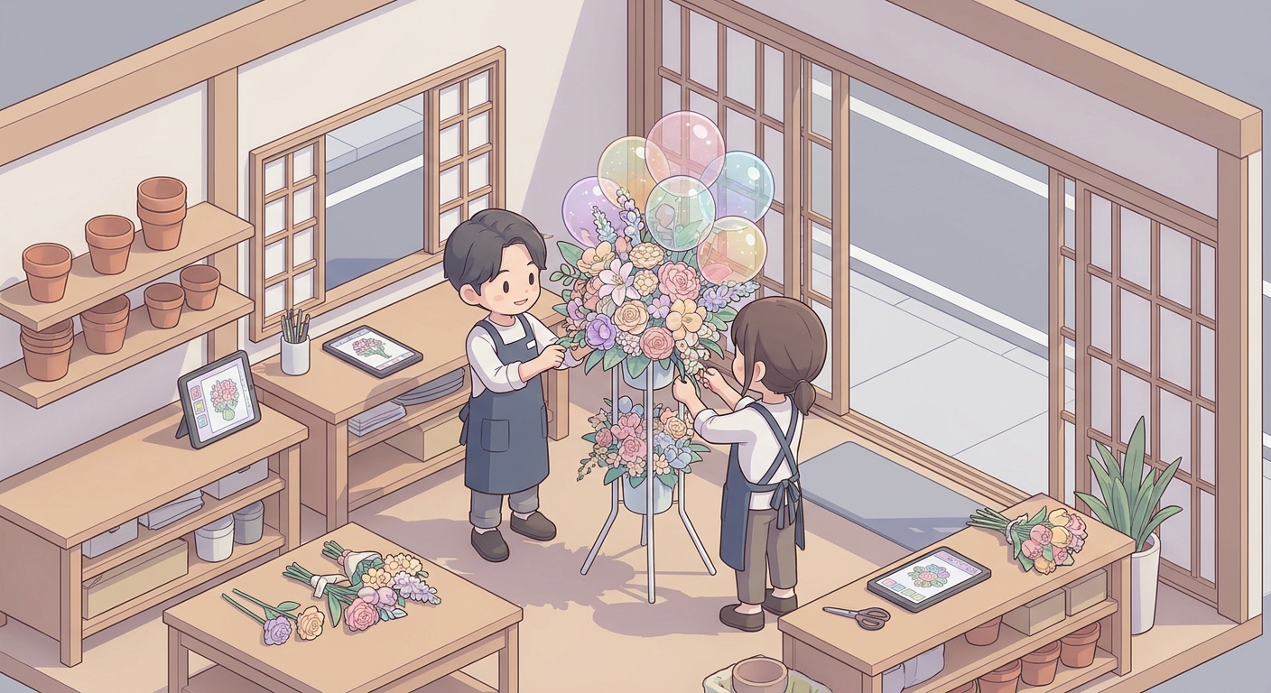 A professional florist carefully arranging a beautiful and detailed flower stand with colorful balloons in a workshop, f