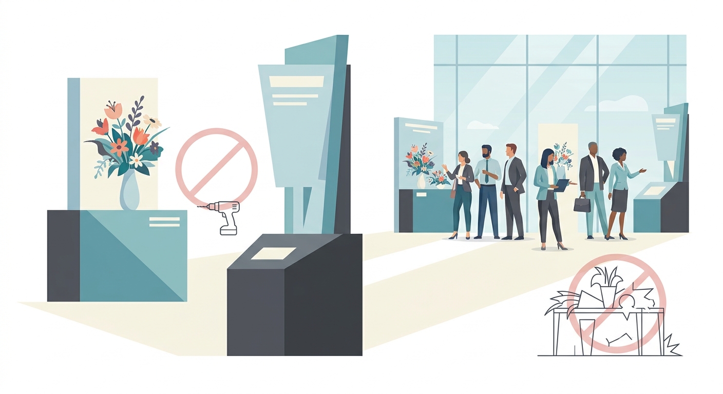 A collage of various flower stands at an event, with some subtle overlayed do not symbols or warning signs next to examp