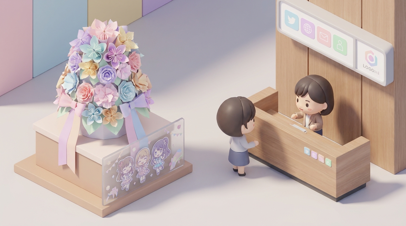 A colorful flower arrangement with custom ribbon and decorative panel, designed for an anime or idol event, soft lightin