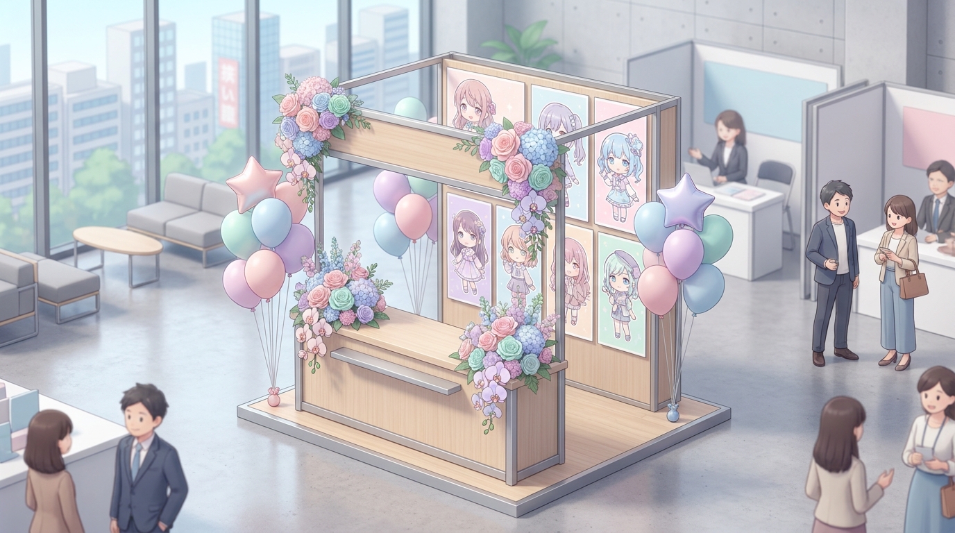 A beautiful, customized anime flower stand (flasta) with colorful balloons, character panels, and elegant flowers, displ