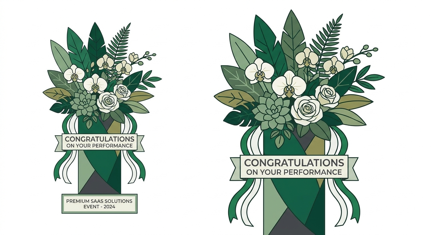 A beautiful fan-made standing flower display (フラスタ) predominantly featuring various shades of green flowers and foliage,