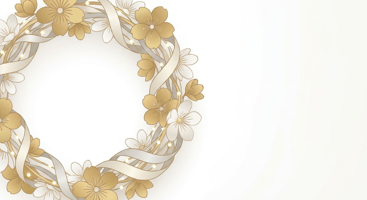 A close-up view of a sophisticated gold furasta with a blend of golden and white flowers, elegant ribbons, and subtle LE