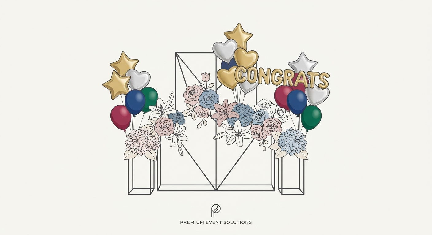 A luxurious flower stand (フラスタ) adorned with various balloons, including foil balloons (stars, hearts, letters) and late