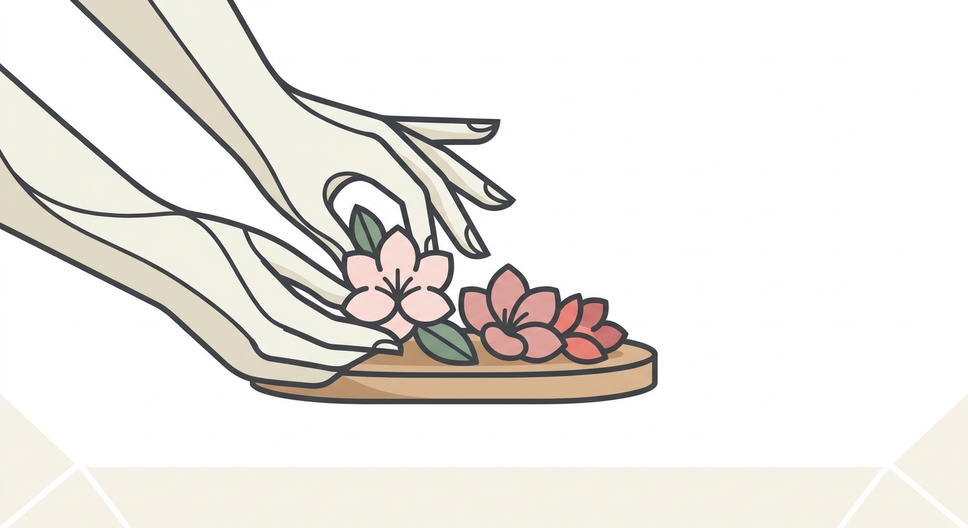 A close-up shot of hands carefully arranging flowers on a small, DIY flower stand base, creating a subtle color gradient