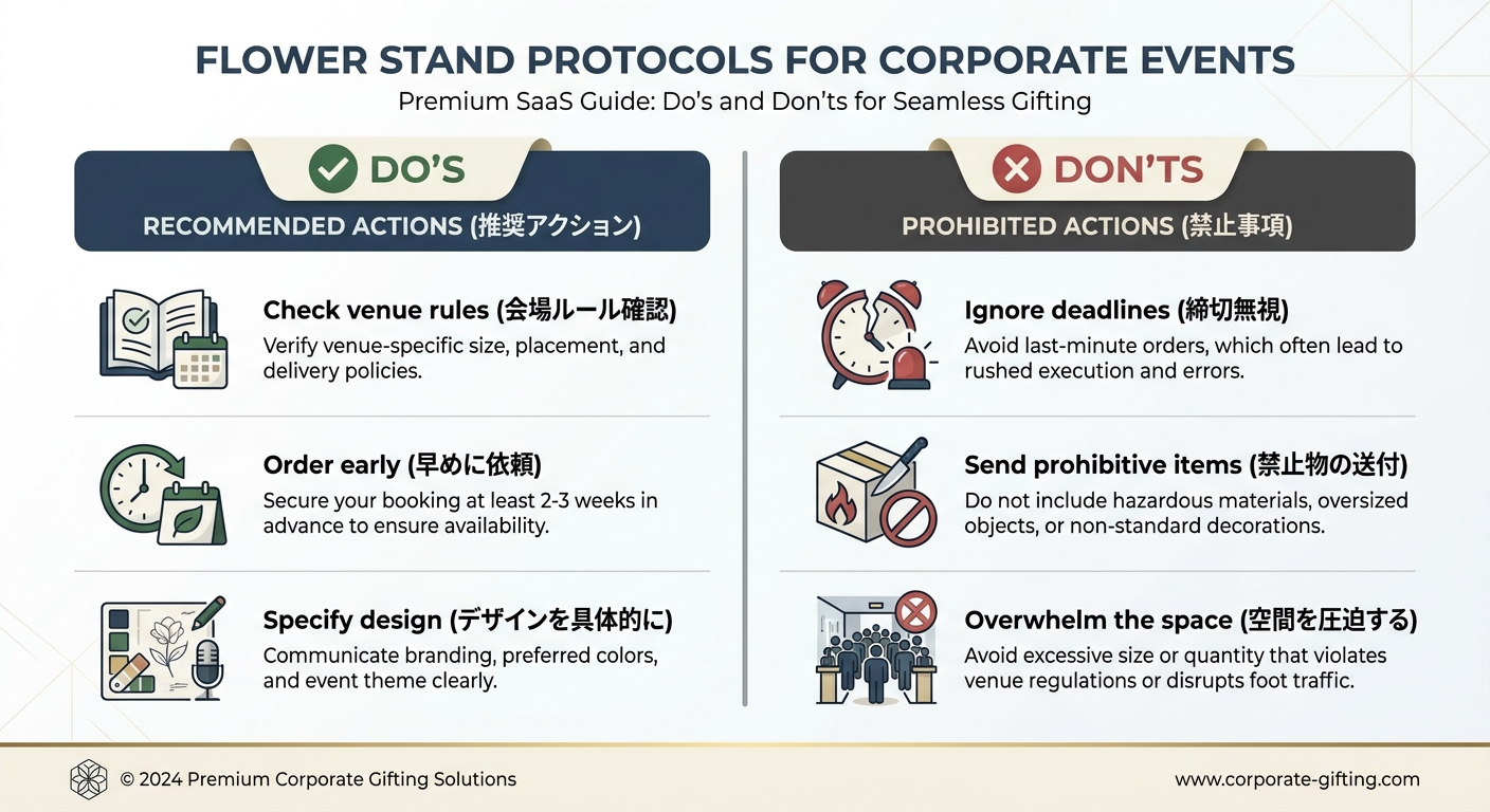 A simple checklist or infographic showing common Do's and Don'ts for sending a flower stand to an event. On the Do's sid