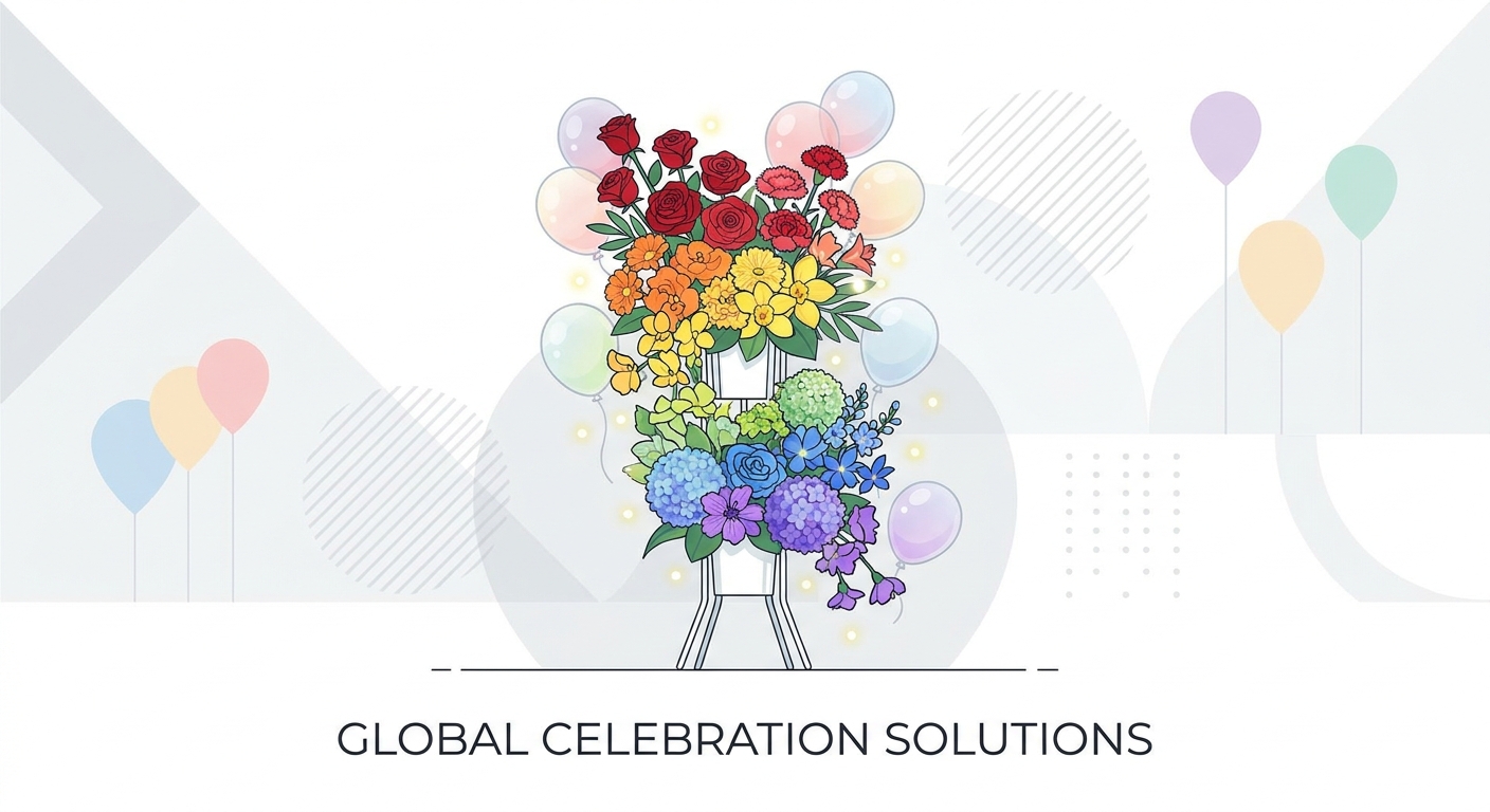 A vibrant, multi-layered rainbow flower stand (フラスタ) with various types of flowers like roses, carnations, hydrangeas, b