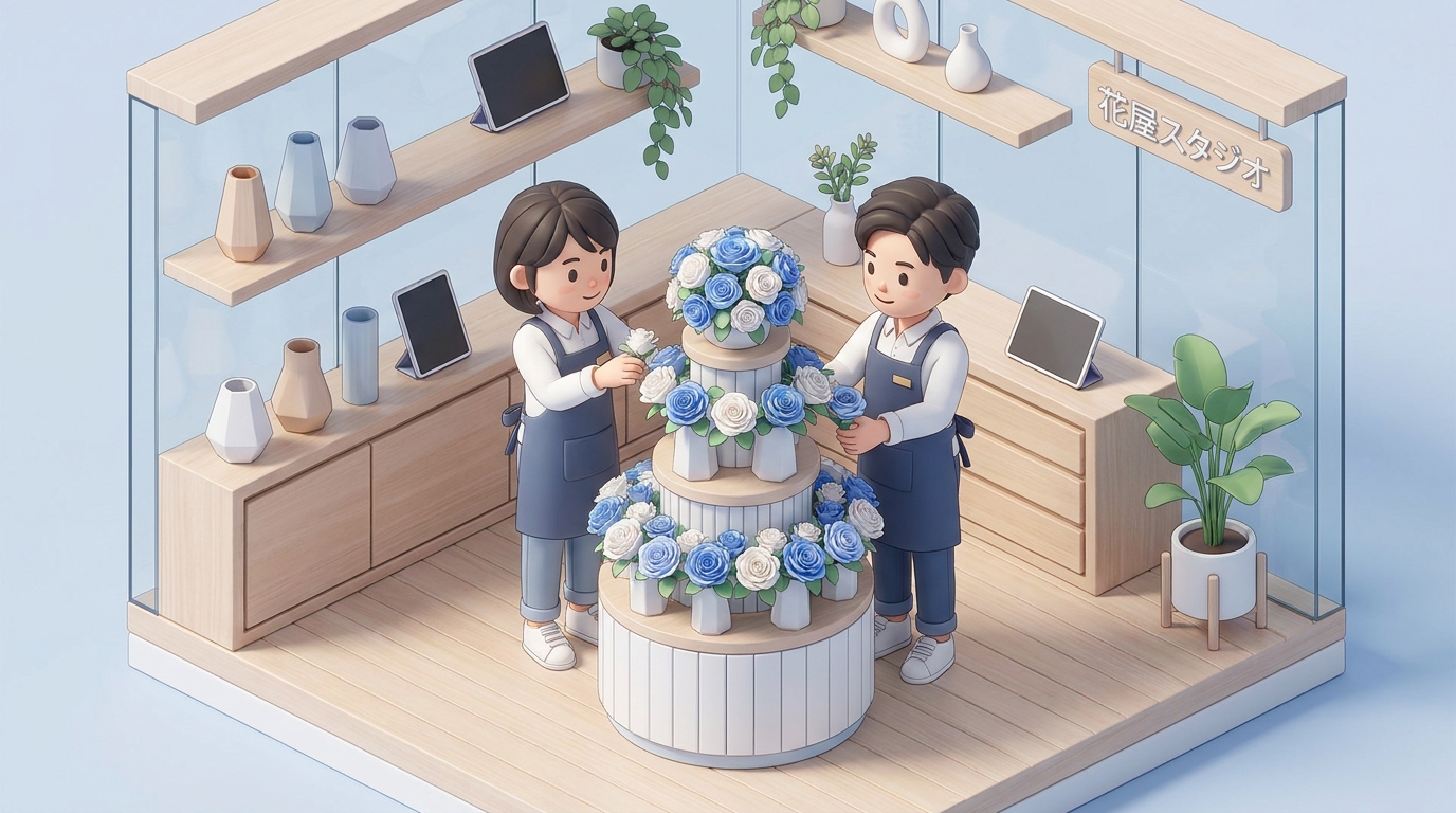 Professional florists carefully assembling a large-scale flower stand with blue and white roses in a modern flower shop 