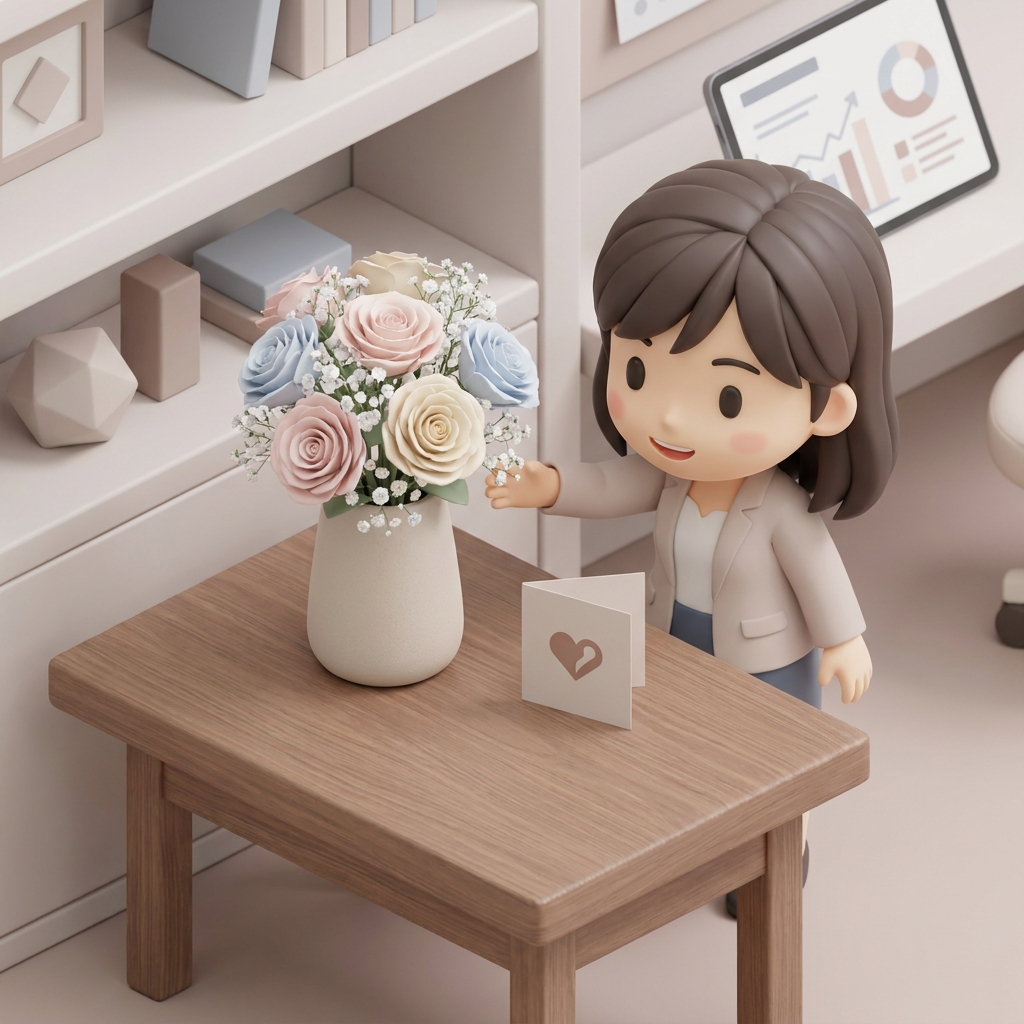 A close-up of a delicate tabletop flower arrangement (dressing room flower) with fresh pastel-colored roses and a cute p