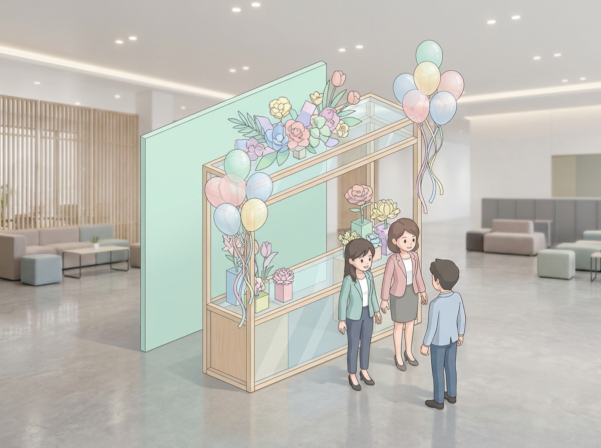 A elegant flower stand in an event hall with colorful ribbons and balloons for an idol concert, clean bright lighting