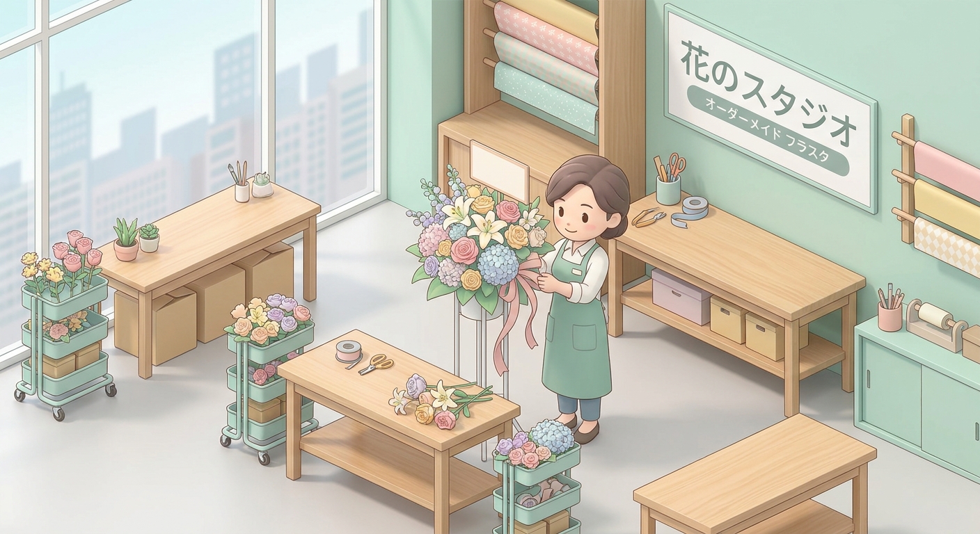 A professional florist carefully assembling a custom flower stand (flasta) in a spacious workshop, surrounded by fresh f