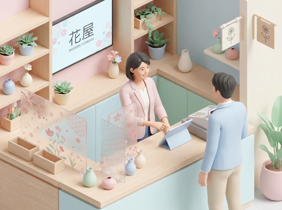 A detailed view of custom printed acrylic panels and decorative items for a flower stand, modern design