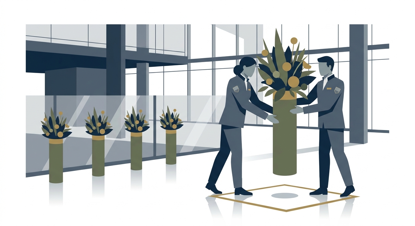 Event staff carefully placing a large floral stand in a designated lobby area of a concert hall, with other floral stand