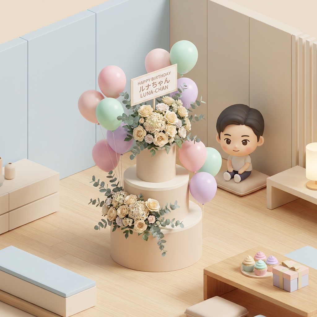 A stylish, modern rental space decorated for a birthday party of a fictional character, featuring a beautiful custom flo